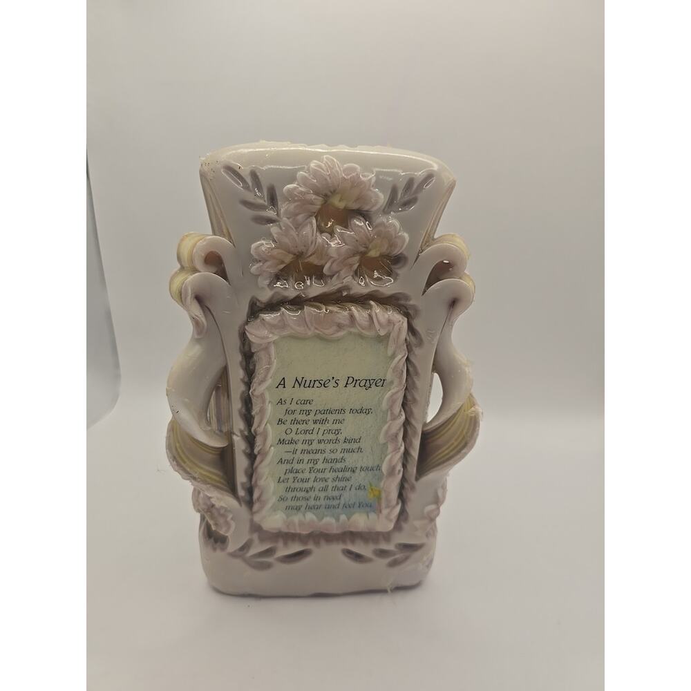 VTG handmade Carved Ribbon Cyt & Curl Candle 7" Cream/Pink/Purple NURSE'S PRAYER